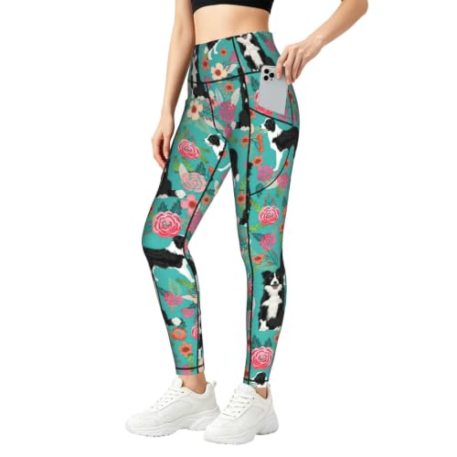 Pantalones de yoga Border Collie mallas cómodas de mujer con prácticos bolsillos para el teléfono