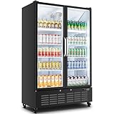 BODEGACOOLER Commercial Merchandiser Refrigerator, 36.8 Cu.Ft Upright Display Beverage Cooler, 2 Glass Door Display Refrigerator with Soft LED Light, Adjustable Shelves, 4 Strong Castors(Black)