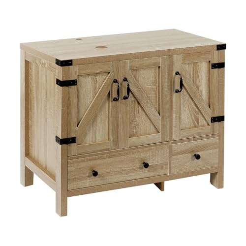 36-inch Natural Color Bathroom Vanity with Side Cabinet, Rustic Fixture