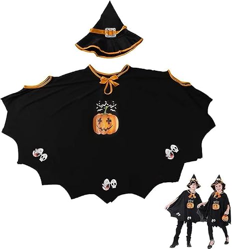 PATRICHOR Disfraz Halloween para Niños Niñas, Halloween Disfraz Bruja con Patrón Calabaza, Disfraces Murcielago Capa con Sombrero para Disfraz Carnaval Fiesta Cosplay (Negro)