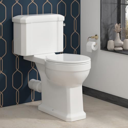 Image of Traditional Elmore Close Coupled Toilet White with Dual Flush Cistern Quick Release Soft Close Seat Square Shape Bathroom