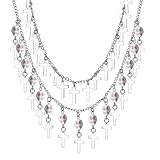 JewelryWe Collar de joyería para mujer, cadena de dos capas con colgante de calavera gótica punk, cruz, acero inoxidable, cadena de clavícula en capas, color plateado y blanco