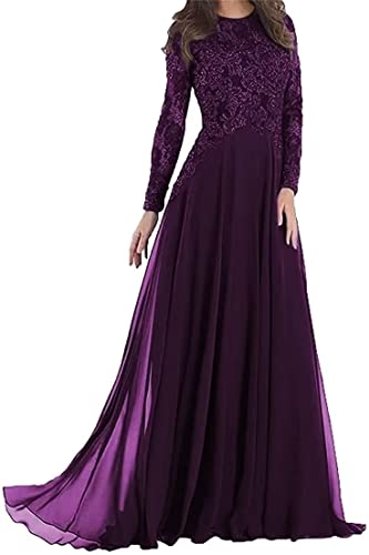 Lace Applique Mother of The Bride Dresses Evening Formal Gowns Long Sleeve Beaded Chiffon for Women Pleated DR0122