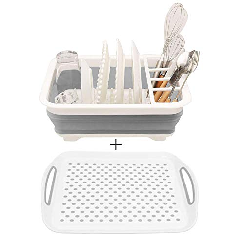 Collapsible Dish Drying Rack with Drain Board【New Version】Portable Dinnerware/Glassware/Tableware Organizer - Perfect