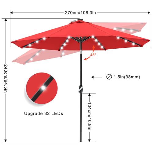 Image of ABCCANOPY Durable Solar Led Patio Umbrellas with 32LED Lights 9FT (Red)