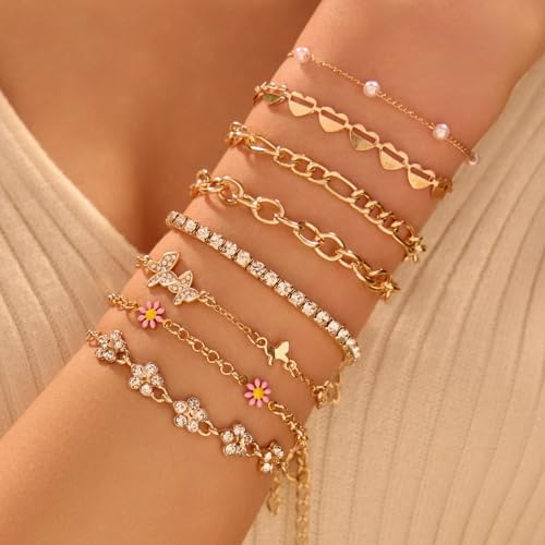 Heart Bracelets Set for Women, Chain Layered Bracelets Collection, Layered Cuba Beaded Chians for Your Wrist, Stackable Bracelet Stack Set, Adjustable Charm Link Bow Butterfly Heart Jewelry Sets4