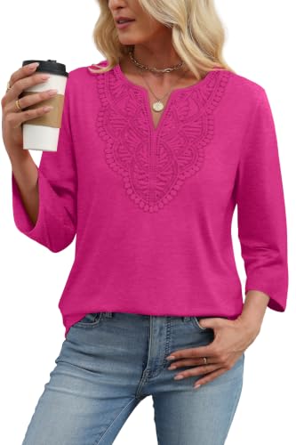 Image of WIHOLL 3 /4 Length Sleeve Womens Tops Boho V Neck Lace Shirt Trendy Blouses Dressy Casual Vacation Clothes S-3XL