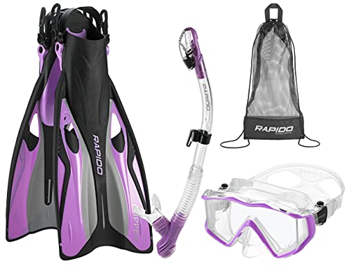 Rapido by Phantom Aquatics Panoramic 180° View Snorkel Mask, Self Adjust Snorkeling Fins, Dry Snorkel, Mask Fin Snorkel Set with Snorkel Gear Bag, PR-LG