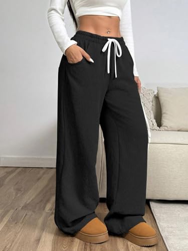 Image of Women's Trendy Korean Trouser with Pockets, Casual Corduroy Stretchable Baggy Loose || High Rise Elastic Waist Going Out Lounge Pants || Wide Leg Pants for Woman