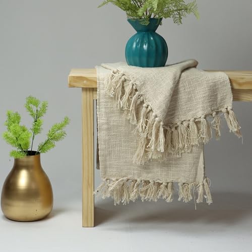 Image of Handwoven 100% Pure Cotton Throw Blanket - 50x60 Inch Soft Sofa Throw for Couch, Bed & Living Room - Lightweight Natural Off White Farmhouse Blanket - Boho Decor, Blanket for Travling (Cream)