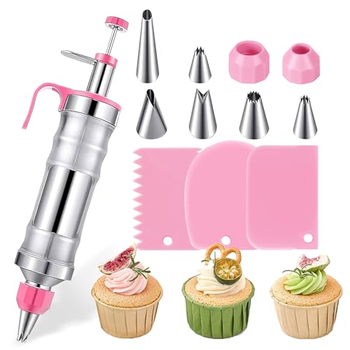 Dessert Decorating Syringe Set - 14Oz Icing Piping Kit - Stainless Steel Piping Gun - Reusable Baking Tools - Cupcake Filling Injector with 6 Icing Nozzles and 3 Cream Scrapers