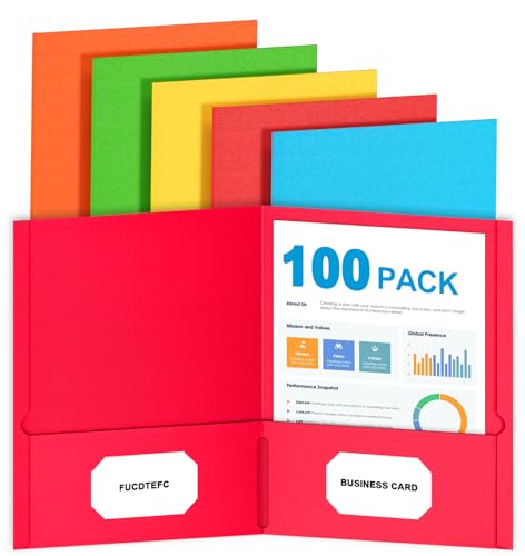 Pocket folders with 2 pockets, 100-pack in 5 colors