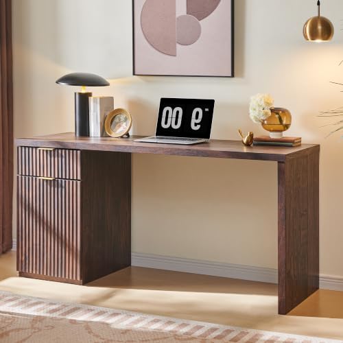 Image of 60 inch Modern Home Office Desk, Reversible Left‑Right Cabinet, Built‑in Outlet | Reversible design lets you fix the cabinet on left‑hand or right‑hand side to fit your room layout