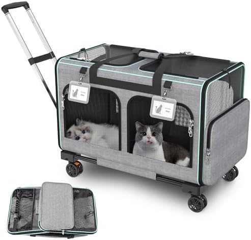 Large Cat Carrier with Wheels, 2-in-1 Rolling Pet Carrier for Two Cats, Extra Large Soft-Sided Pet Travel Carrier for Vet Visits, Park Strolls & Car Travel (Grey)
