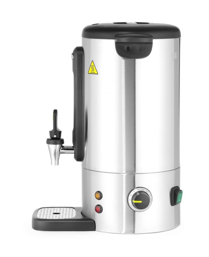 HENDI Hervidor de agua eléctrico 9L, dispensador de bebidas calientes, termo de una pared para vino, té, hasta 100°C, 230V, 50/60Hz, 950W, 307x330x(H)450mm, acero inoxidable satinado, PP