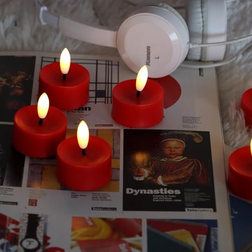 Image of CANDLE CHOICE Battery Operated Flameless Tea Lights Realistic Black Wick Bright Flickering LED Tealight Candles Wedding Table Centerpieces Halloween Christmas Decorations Batteries Incl. 6 Pack Red