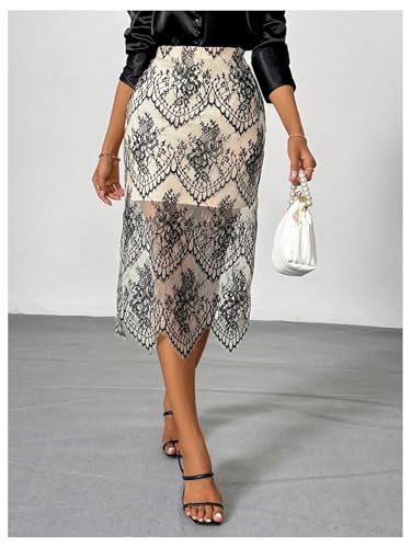 Floerns Women's Elegant Lace Overlay Asymmetrical Hem High Waist Pencil Midi Skirt3