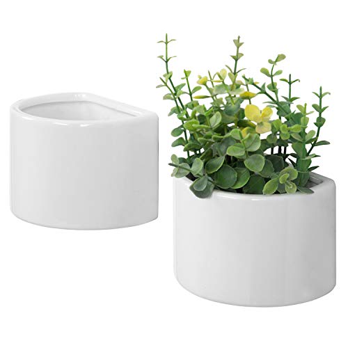 Mygift Glazed White Ceramic Hanging Wall Planter, Small Indoor Plant Pot, Half-Round Shaped Vases, Set Of 2 #TOP20