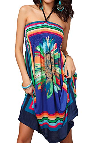 OKWIN Sommer Aztec Bandeau Bunt Kleid Damen Schulterfrei Blumen Boho Paisley Print Strandkleid Neckholder Minikleid Casual Partykleid Sommerkleider...