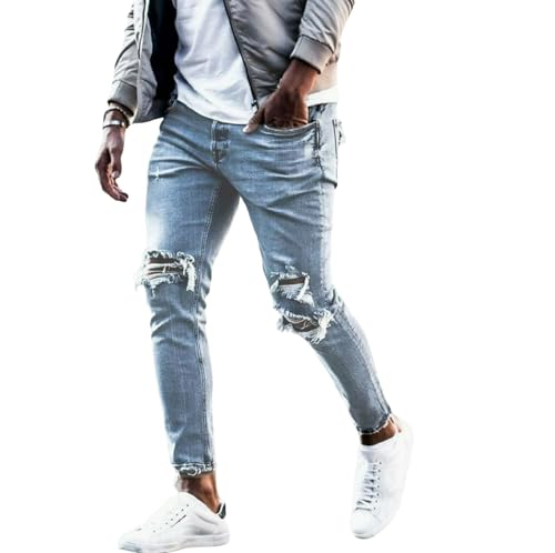 Jeans Pants Trouser Denim Trendy Street Washed Blue Tear Hole Small Leg for Men