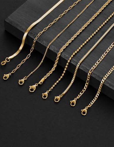 8Pcs Gold Bracelets 18K Gold Plated Stainless Steel Chain Bracelet Satellite Bead Box Herringbone Rope Paperclip Figaro Cuban Link Bracelet for Women Silver Gold Tone 6.5 Inches Adjustable3