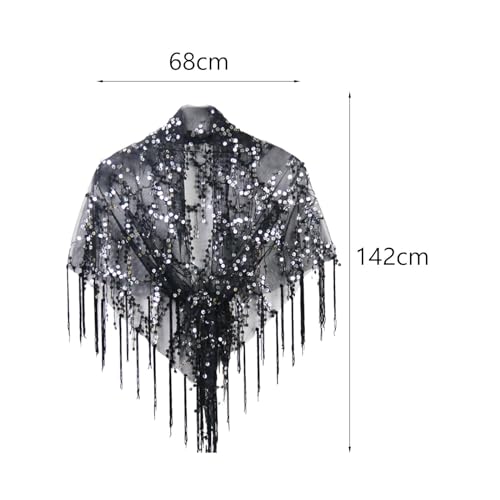Women's Sequin Shawl Wrap Evening Cape with Tassels 55.91x26.77 inch for Party Dance Wedding Formal Events- Black4