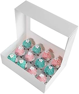 15-Packs ONE MORE White Cupcake Boxes,Food Grade Kraft Pop-up Bakery Boxes with Inserts and Display Windows 13.8 x 9.5 x 4inch Fits 12 Cupcakes or Muffins,Pack of 15