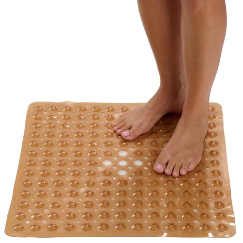 Image of ENKOSI Square Shower Mat - 21 x 21 Inch Non-Slip Bathroom Shower Stall Mat with Suction Cups and Drain Holes - Anti-Slip Bathtub Shower Mats for Inside Shower (21x21 Clear Brown)
