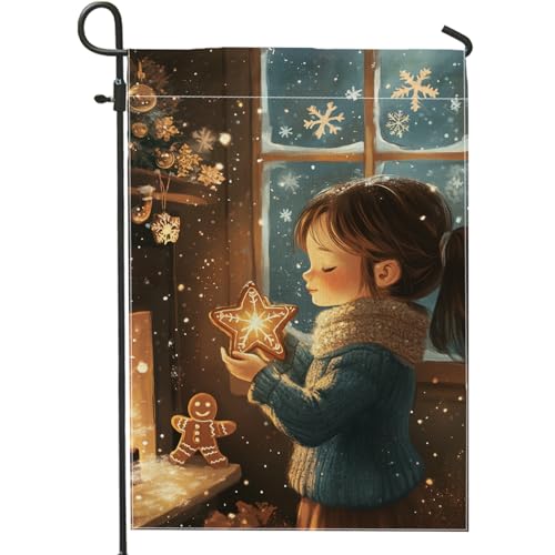 Bandiera da giardino invernale del paese delle meraviglie, decorazione per esterni con ragazza carina che tiene una stella, bandiera in iuta su entrambi i lati per decorazioni natalizie, cartello