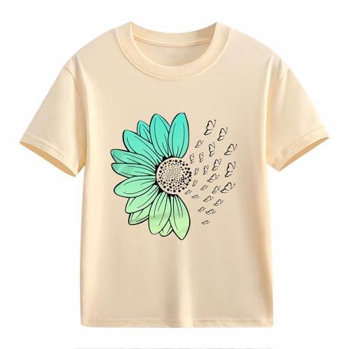 Girls Loose Fit Sunflower Graphic T Shirts Short Sleeve Crewneck Cute Pattern Printed Tops Kids (I-Beige, 12-13 Years)2
