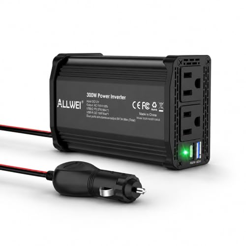 Image of ALLWEI 300W Power Inverter 12V DC to 110V AC Car Plug Adapter Outlet Converter with 27W PD USB-C &18W USB-A Fast Charger, Car Cigarette Lighter Adapter for Laptop Tablets Phones-Black