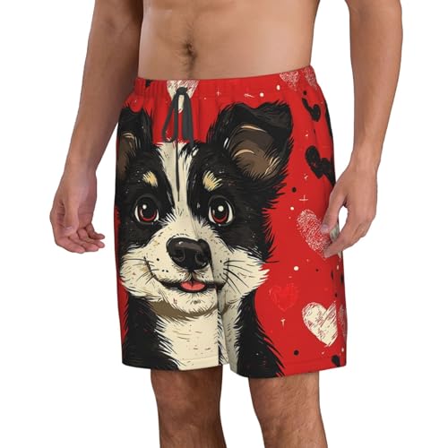 Men's Swim Trunks Quick Dry Board Shorts Beach Bathing Suits - Dog and Hearts Patterns Funny2