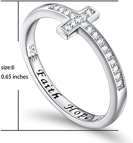Sterling Silver Sideways Cross Ring for Women Girls Inspirational CZ Simulated Rings Band Jewelry Gift Simple Engraved Faith Hope Love