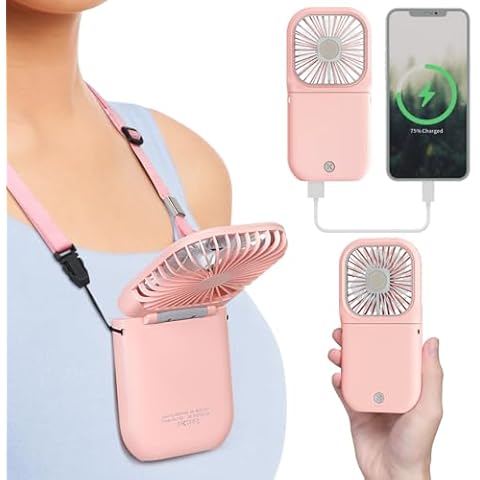 F-color Mini Fan Handheld Portable - 3 Speeds Personal Fan Rechargeable Handheld Fan, Folding Neck Fan for Summer Travel Beach Office College Outdoor Essentials for Women, Pink Cover