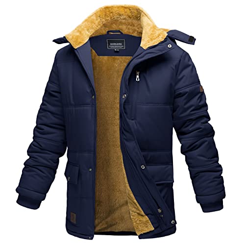 EKLENTSON Men's Winter Casual Jackets Outdoor Casual Windproof Fleece Parka Coat with Detachable Hood,Navy,XL