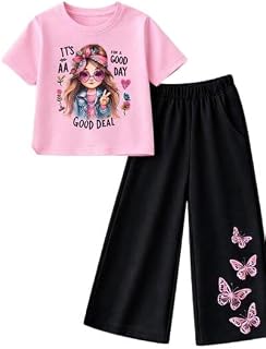 Girls Casual Graphic Tee & Butterfly Palazzo Set | Cotton Blend Stylish Co-Ord Outfit | Comfortable Trendy Kids Price In India