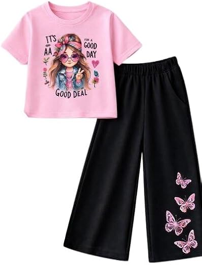 Girls Casual Graphic Tee & Butterfly Palazzo Set | Cotton Blend Stylish Co-Ord Outfit | Comfortable Trendy Kids
