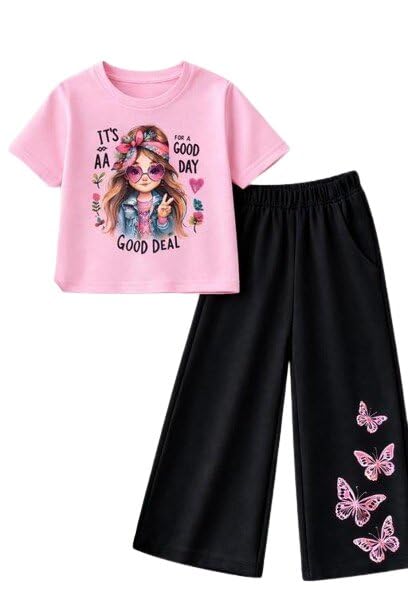 Girls Casual Graphic Tee & Butterfly Palazzo Set | Cotton Blend Stylish Co-Ord Outfit | Comfortable Trendy Kids - Review, Price and Buying Guide