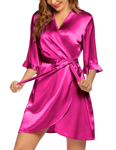 Image of Ekouaer Women's Satin Robe Valentines Lingerie for Women Kimono Bathrobe Short Ruffle Belted Robes Bridesmaids Sleepwear