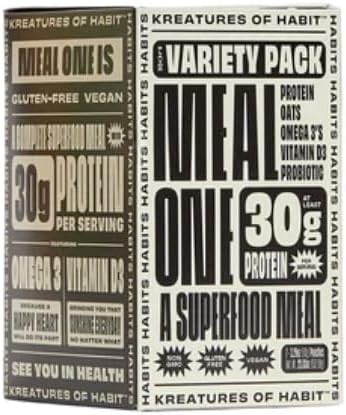 Kreatures of Habit Meal One | Overnight & Instant Superfood Protein Meal Replacement | Gluten Free, Dairy Free, 30g of Plant Based Protein, With No Added Sugar |Variety Pack | Pack of 7