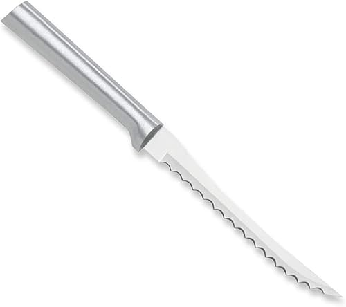 Vista 10 de Rada Cuchillo rebanador de tomate (R126), hoja dentada hueca de acero inoxidable de 5 pulgadas, fabricado en Estados Unidos, mango plateado, paquete