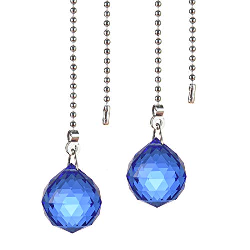 Image of Ceiling Fan Pull Chain, 2pcs 30mm Diameter Prism Ball Extension Chains with Decorative Light Bulb and Fan Cord (Blue