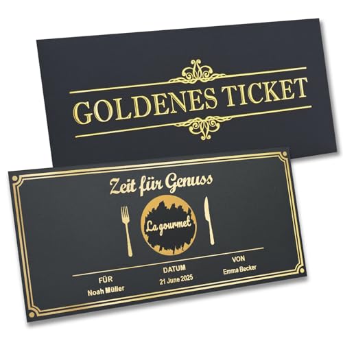 TMT Personalisiertes Goldenes Ticket – Essen gehen Gutschein Rubbelkarte | Gutscheinkarte mit Umschlag – Ready to gift | Restaurant-Gutschein, Dinner, Brunch, Frühstück, Zeit schenken