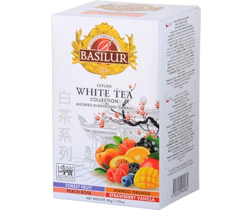 Basilur | White Tea Collection - Assorted | Ceylon White Tea | 4 Blends - Forest Fruit, Mango Orange, Peach Rose & Strawberry Vanilla | Foil Enveloped 20 Tea Bags