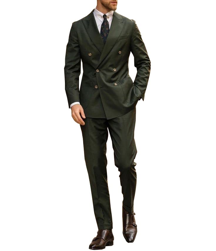 Men 2-Piece Olive Green Tuxedo Prom Grooms Wedding Business Double Breasted Suit Blazer&Pants