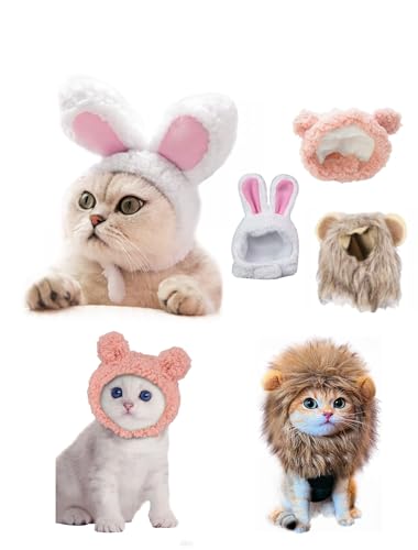 Cute Cat Hats 3-Pack - Lion Rabbit Pink Bear Costume Headwear for Kittens Bunny Ears for Cats Soft Dress Up Party Halloween Costume Accessories for Cats