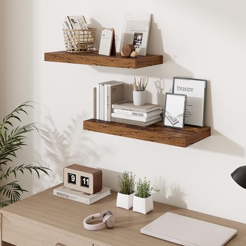 Fun Memories 24 Inch Floating Shelves Wall-Mounted, 10 Inch Deep Wall Shelves, 24 x 10 Floating Shelf for Living Room Bathroom Bedroom, Rustic Brown, Set of 2 by Fun Memories - Image 2
