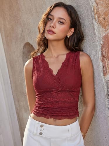 Image of CIDER Lace Crop Tank Tops for Women Going Out V Neck Sleeveless Ruched Tops Trendy Y2K Summer Outfits