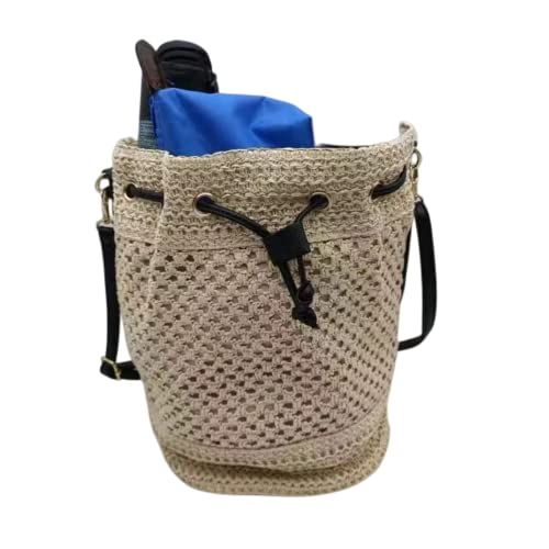 Image of Women Straw Drawstring Bucket Purse Small Tote Shoulder Handbag Hollow Out Cross-body Bag for Summer,Beach | Straw