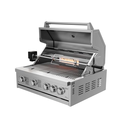 CT Copper Tailor 32-inch Built-in Propane Gas BBQ Grill 4 Burners for Outdoor Kitchen, With Rear Infrared Burner and Rotisserie Kit, Natural Gas Convertible,Stainless Steel